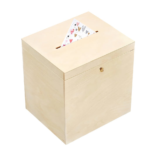 Natural Pine Wood Card Box with Top Slot and Security Lock for Weddings & Events